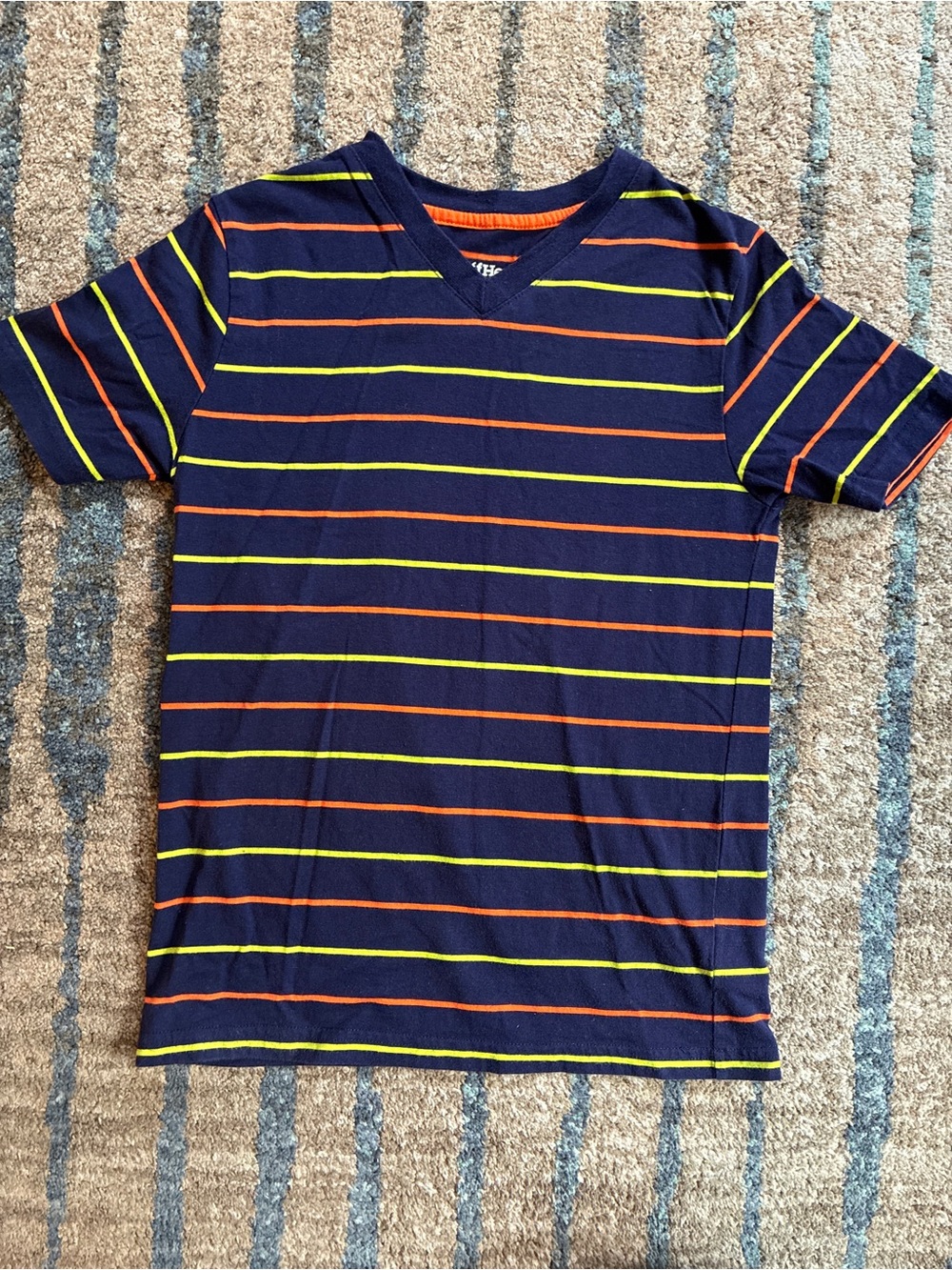 Ruff Hewn Navy V‑Neck Tee with Orange & Lime Stripes